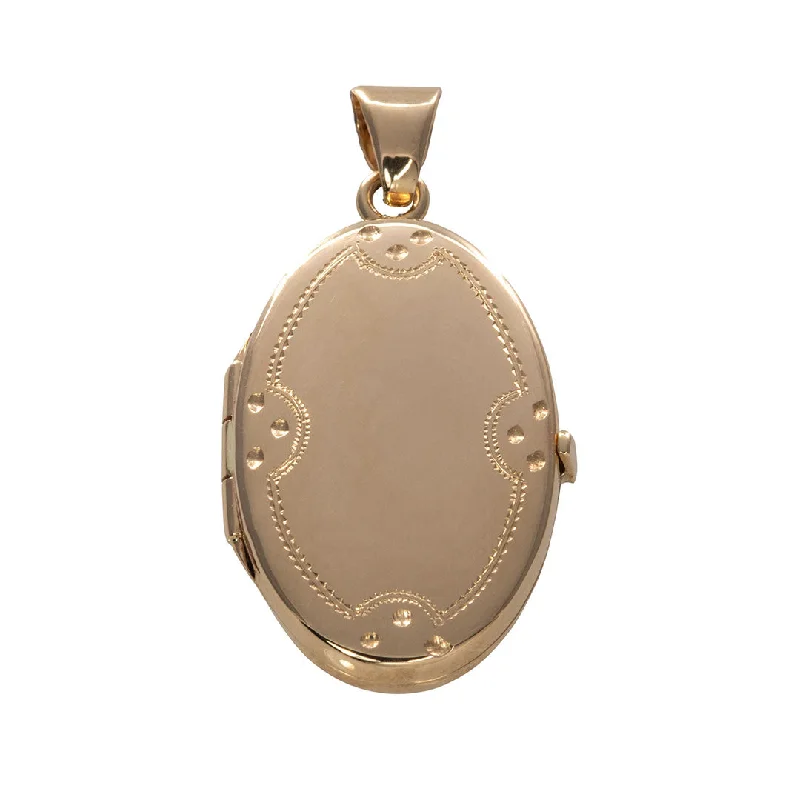 14K Gold Engraved Border Small Oval Locket Pendant