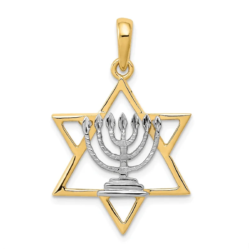 14KT Gold Menorah in Star of David Pendant. Chain Not Included