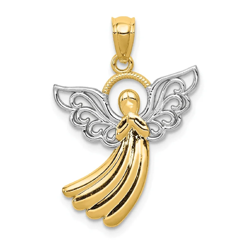 14KT Yellow Gold With Rhodium Plating 26X18MM Angel Pendant. Chain Not Included