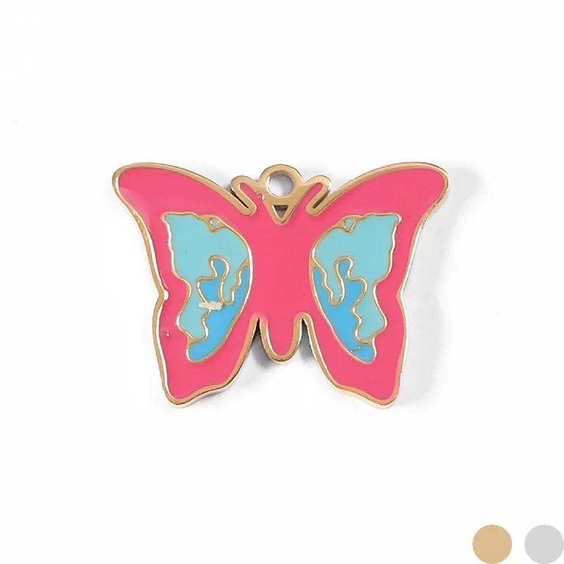 18K Gold PVD Stainless Steel Epoxy Pink and Blue Butterfly Charm / PDL0004