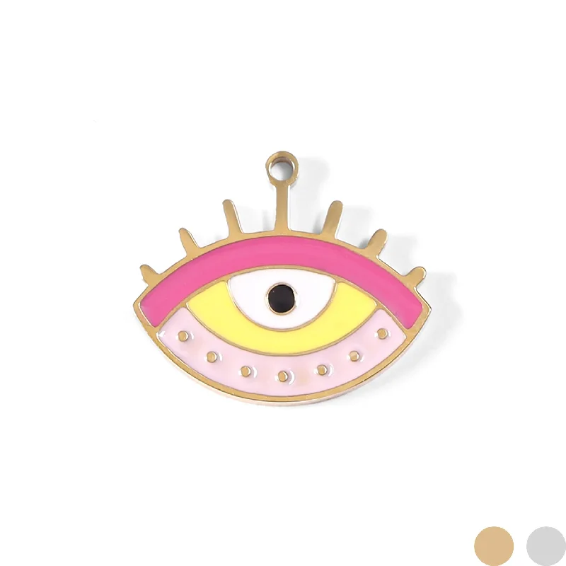 18K Gold PVD Stainless Steel Epoxy Pink and Yellow Evil Eye Charm / PDL0010