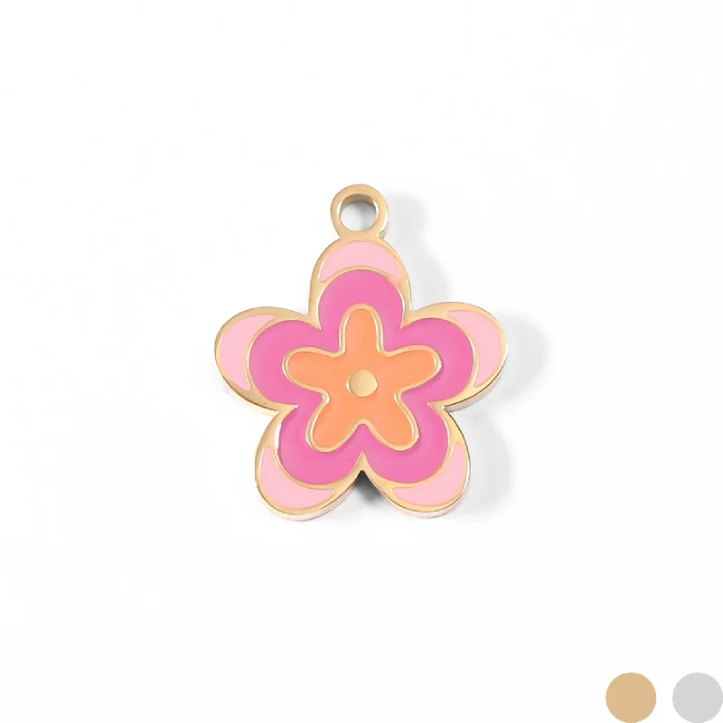 18K Gold PVD Stainless Steel Epoxy Pink Flower Charm / PDL0013