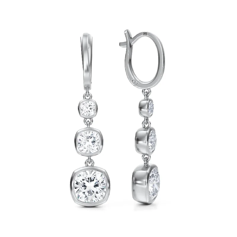 4 Carat Cushion Three Stone Drop Earrings