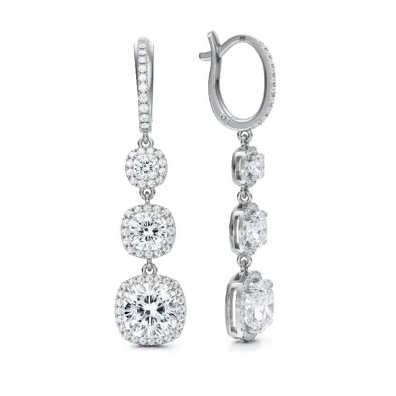 5 Carat Cushion Three Stone Halo Drop Earrings