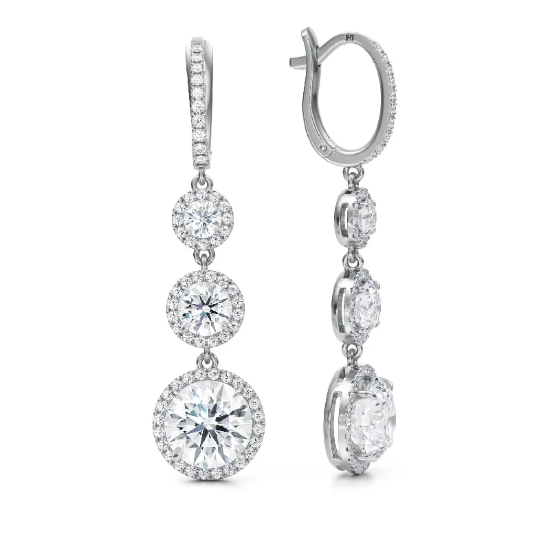 5 Carat Round Three Stone Halo Drop Earrings