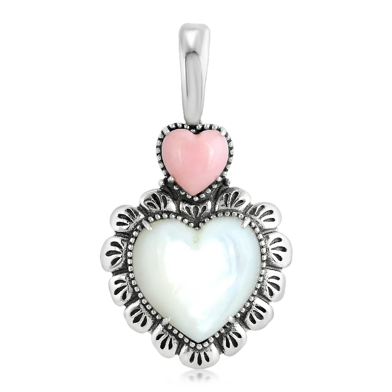 Sterling Silver White Mother of Pearl and Pink Opal Heart Pendant Enhancer