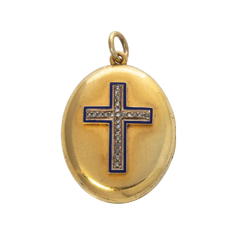 Victorian Diamond Enamel Cross 18K Gold Oval Locket