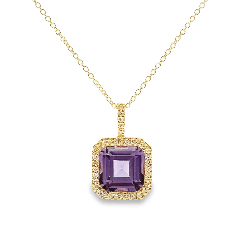 Yellow Gold Amethyst and Diamond Halo Pendant