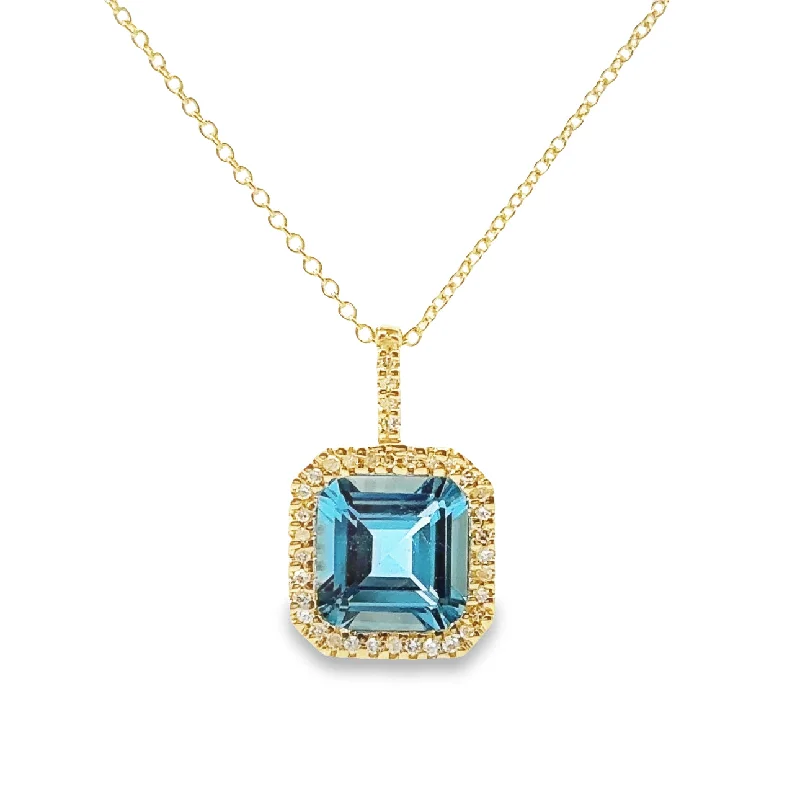 Yellow Gold Blue Topaz and Diamond Halo Pendant