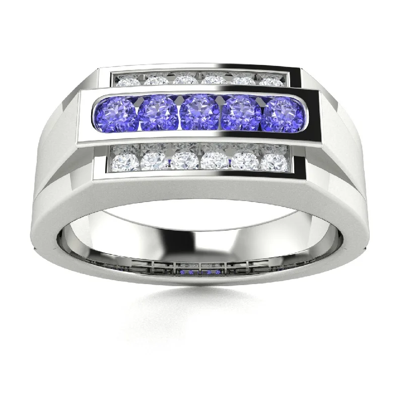 14KT Gold Round Brilliant Tanzanite and Diamond Men's Ring (Tanzanite 0.30 cts. White Diamonds 0.30 cts.)