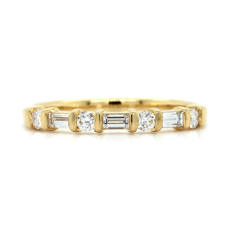 18K Yellow Gold Round and Baguette Diamond Band