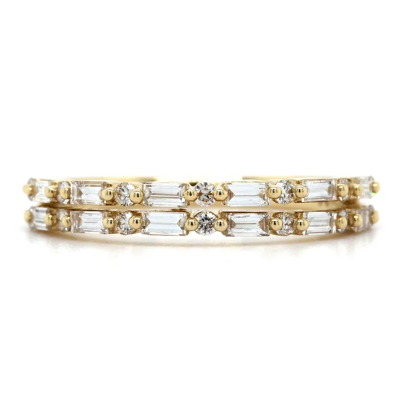 14K Yellow Gold 2 Row Baguette and Round Diamond Band