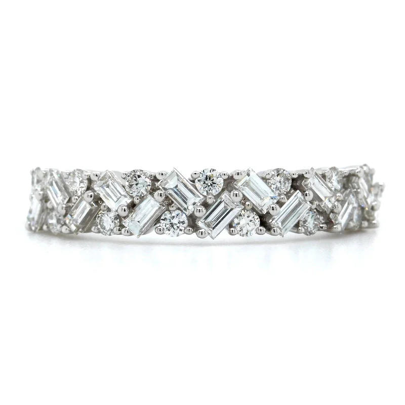 14K White Gold Baguette and Round Diamond Band