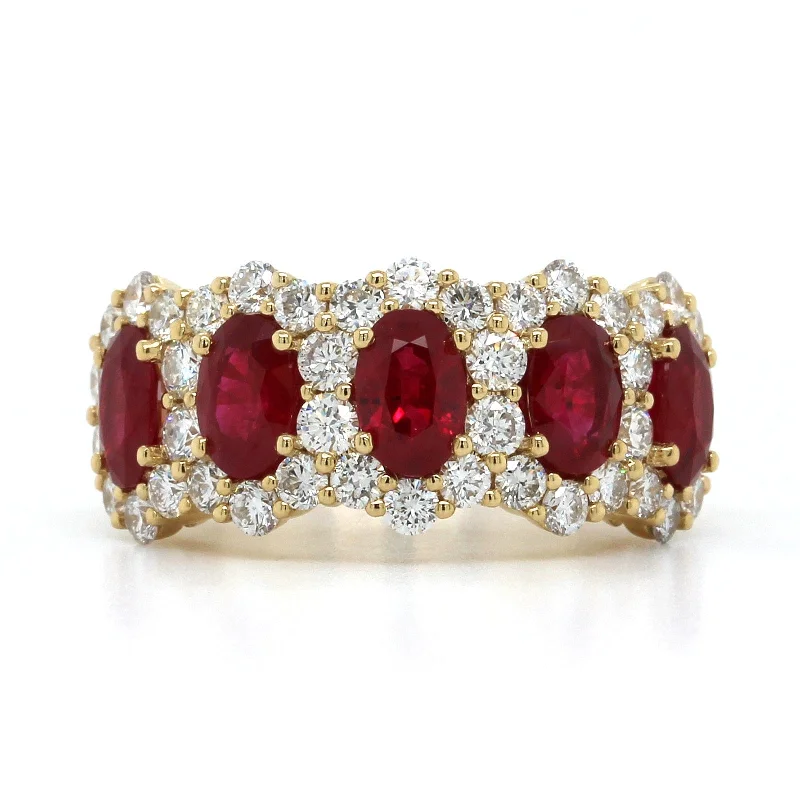 18K Yellow Gold 5 Stone Ruby Diamond Halo Band