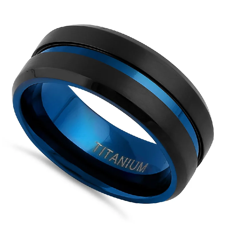 Titanium Black and Blue 8mm Brushed with Stripe Band Ring