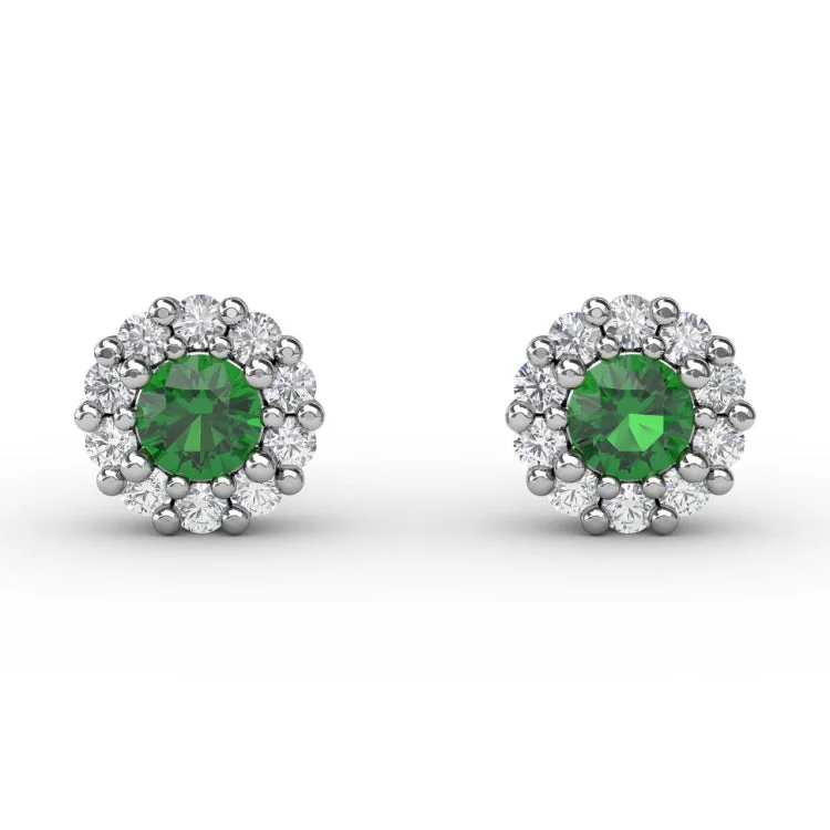 Shared Prong Emerald and Diamond Stud Earrings