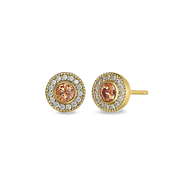 Gold Finish Sterling Silver Micropave Round Simulated Citrine Earrings with Simulated Diamonds