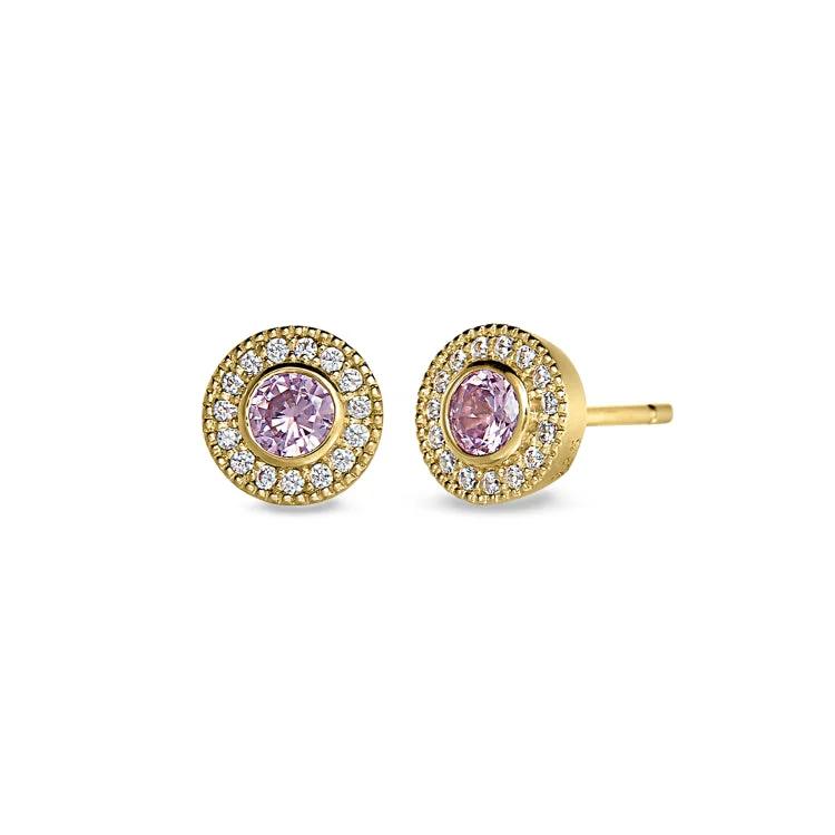 Gold Finish Sterling Silver Micropave Round Simulated Pink Sapphire Earrings with Simulated Diamonds