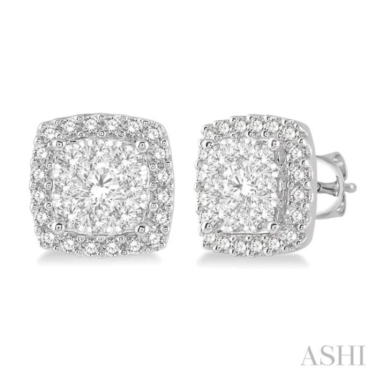 1 Ctw Cushion Shape Lovebright Round Cut Diamond Stud Earrings in 14K White Gold