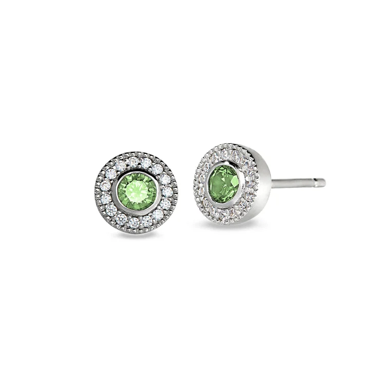 Platinum Finish Sterling Silver Micropave Round Simulated Peridot Earrings with Simulated Diamonds