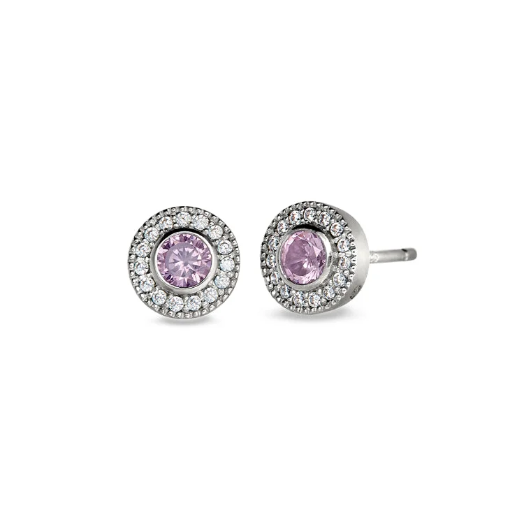 Platinum Finish Sterling Silver Micropave Round Simulated Pink Sapphire Earrings with Simulated Diamonds