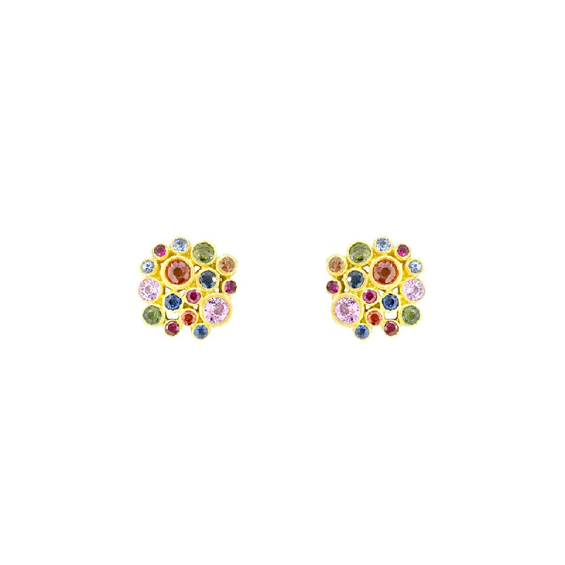 18 Karat Matte Yellow Gold Post Earring with Multi Color Sapphire Cluster