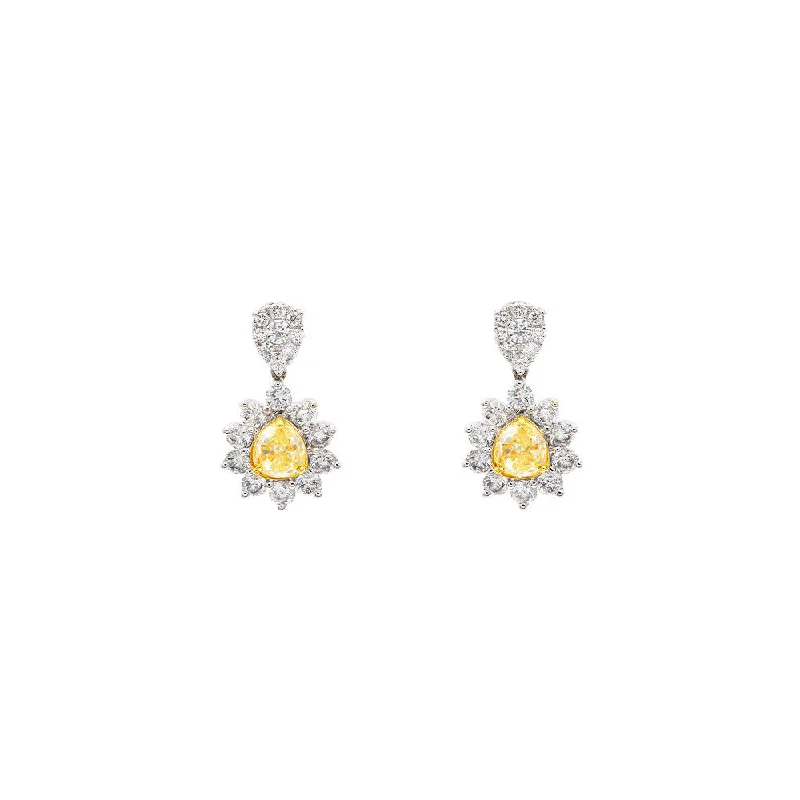 18 Karat White Gold drop earrings with Pear shape Fancy Yellow Diamond and white diamonds