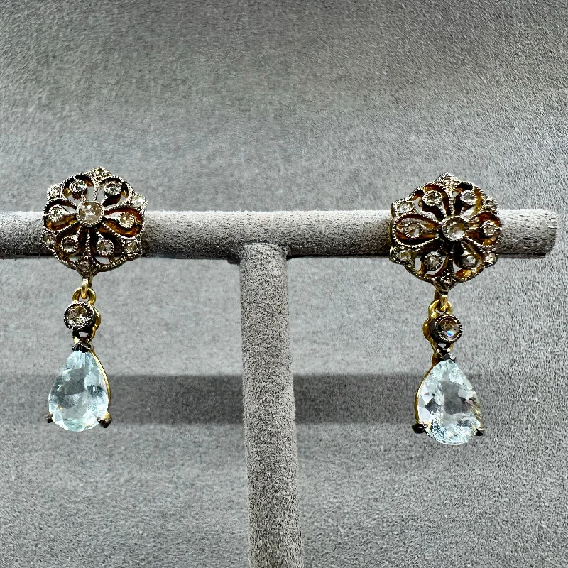 Estate 1910's 14kt Rose Cut Diamond & Pear Cut Aquamarine Drop Earrings