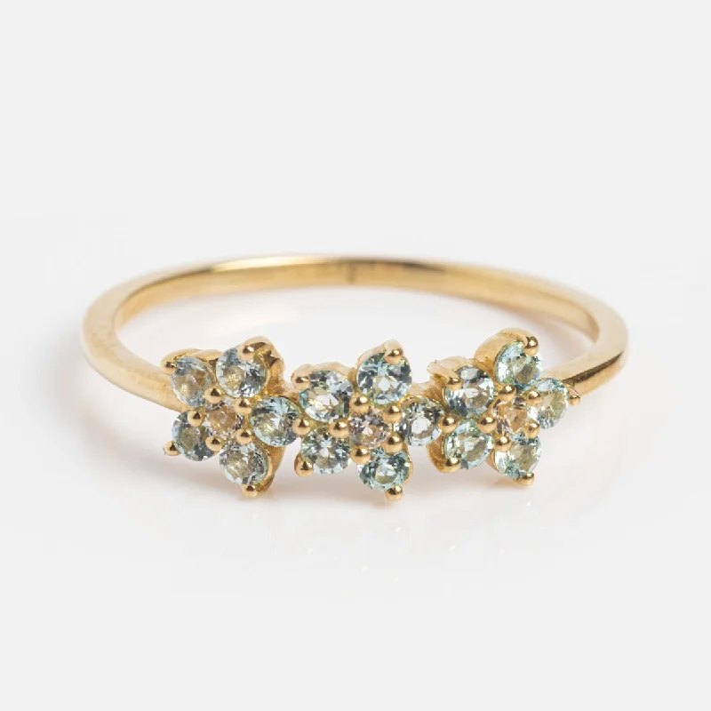 Solid Gold Blue Topaz Flower Trio Ring