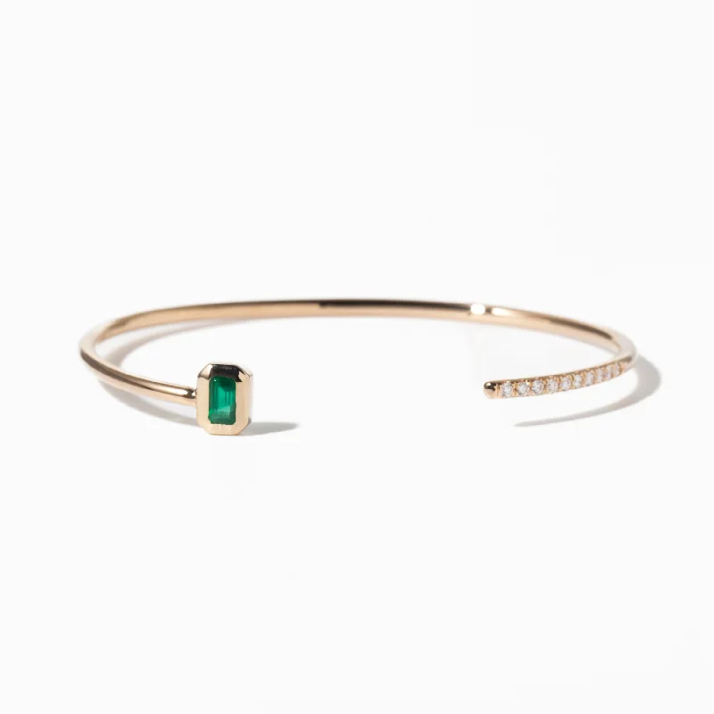 Thick Round Wire Open Cuff With Emerald and Diamonds